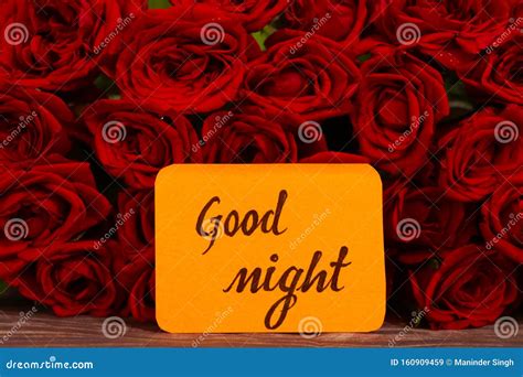 Good Night Text with Red Roses in a Bunch As a Background. Stock Image ...