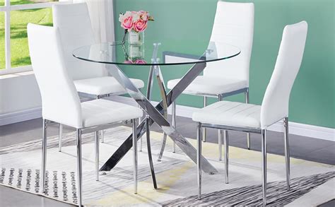 Goldfan Dining Table And Chairs Set 4 Modern Glass Round Dining Kitchen Table And Faux Pu