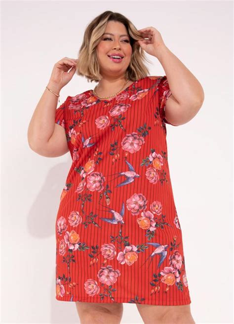 Vestido Floral Vermelho Mangas Curtas Plus Size Marguerite