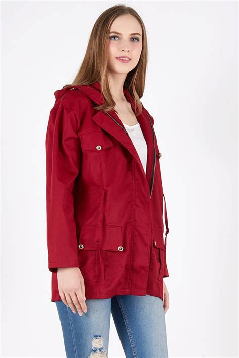 Sell Plain Hoody Long Parka Jacket In Maroon Outerwear