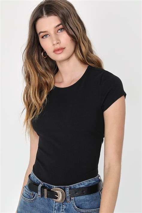 Black Ribbed Bodysuit Cross Back Bodysuit Short Sleeve Top Lulus