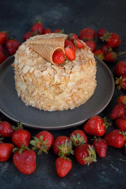 Tarta de fresa napoleón millefeuille tarta de crema sobre fondo