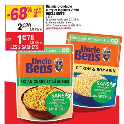 Offre Riz Micro ondable Curry Et Légumes 2 Min Uncle Ben s chez Cora