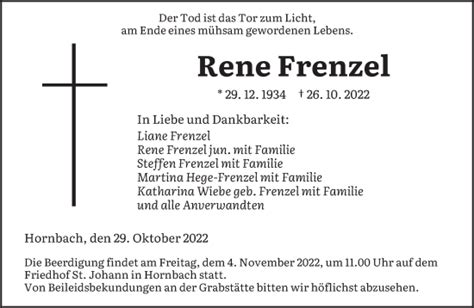 Traueranzeigen Von Rene Frenzel Saarbruecker Zeitung Trauer De