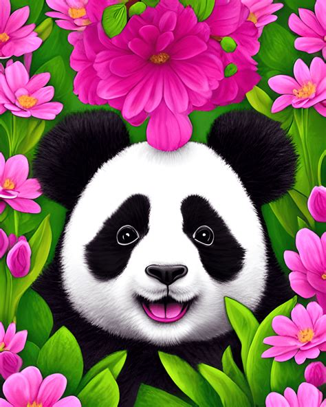 Baby Panda with Pink Flower · Creative Fabrica