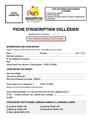 Remplissable En Ligne FICHE D INSCRIPTION COLLGIEN Association Pari