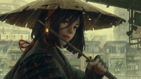 Oni Samurai Girl In The Rain Live Wallpaper MoeWalls