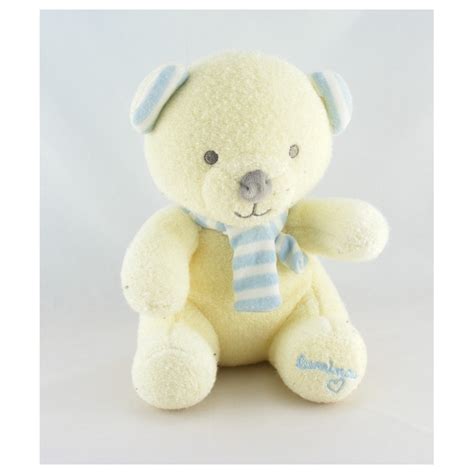 Doudou ours jaune écharpe rayé bleu Luminou JEMINI