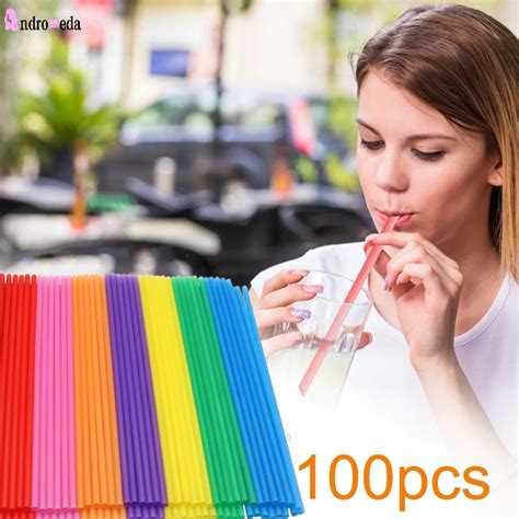 100Pcs Bag Disposable Plastic Straight Straws Handmade Diy Rainbow