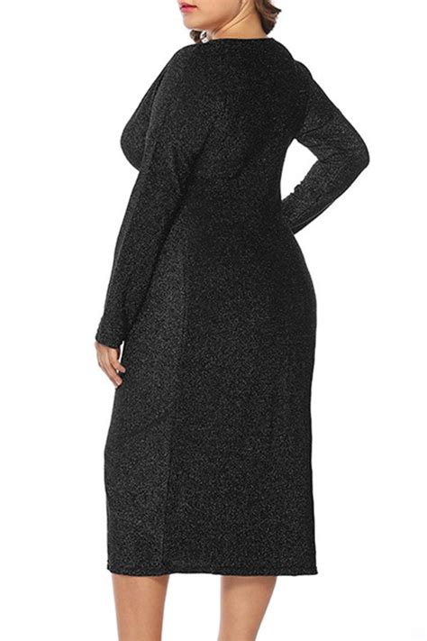 Lovely Stylish V Neck Split Black Knee Length Dress Black Knee Length