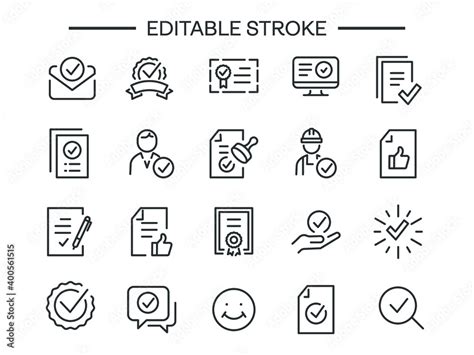 Approve Editable Stroke Icons Set Checklist Award Medal Document