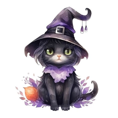 Cute Character Witch Cat Watercolor Illustration For Halloween Cute