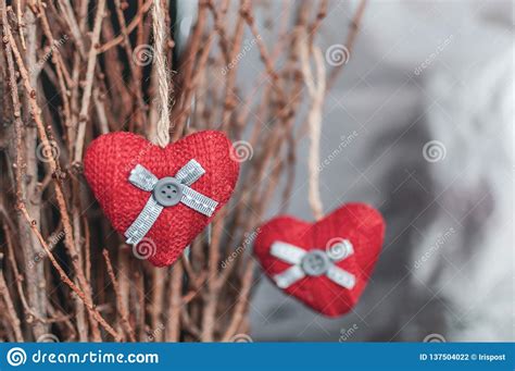 Two Knitted Hearts Hanging On A Branch Symbol Of Love And Valentine`s