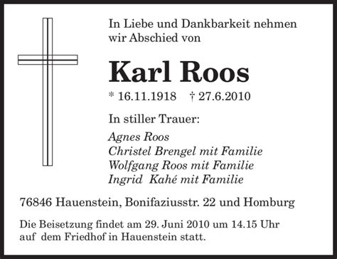 Traueranzeigen Von Karl Roos Saarbruecker Zeitung Trauer De