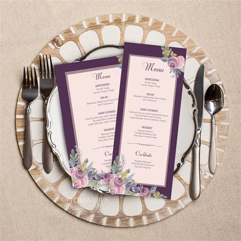 Purple And Pink Wedding Menu Template Blush Dinner Menu Printable