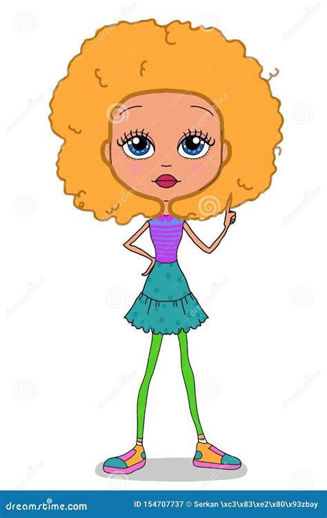 Cute Sweet Cartoon Curly Hair Girl Characters Illustration Drawing White Background Stock