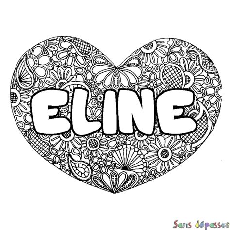 Coloriage prénom ELINE décor Mandala coeur Sans Dépasser