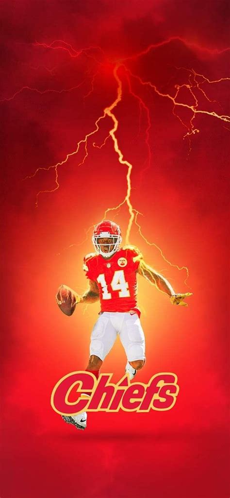 A Football Player Holding A Ball And Lightning In The Background With