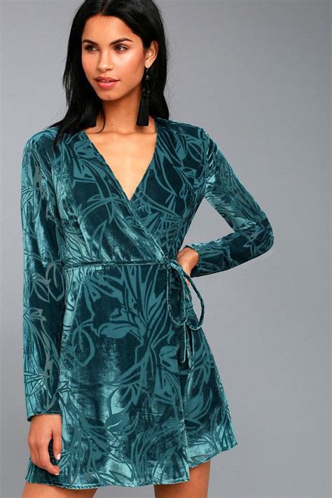 Modern Decadence Long Sleeve Teal Blue Velvet Wrap Dress Blue Velvet