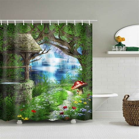 Path In Forest Print Waterproof Shower Curtain Fabric Shower Curtains Forest Theme Forest Style