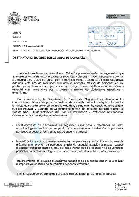 Carta de instrucciones de Interior a la Policía más dispositivos de