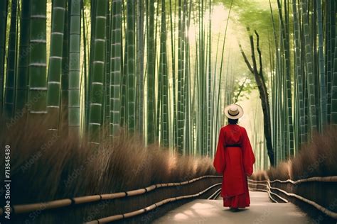 Asian Woman In Bamboo Forest Wearing Traditional Japanese Kimono At Bamboo Forest In Kyoto