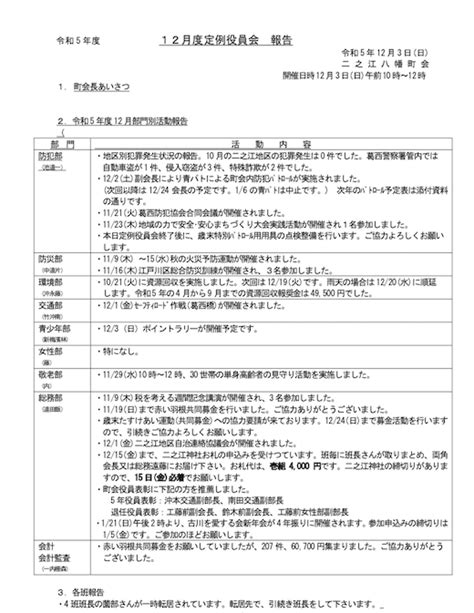 令和5年度 12月度定例役員会 報告 二之江八幡町会