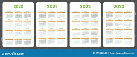 Calendario 2020 2021 2022 Y 2023 Sistema Ingl S Del Vector Del Color