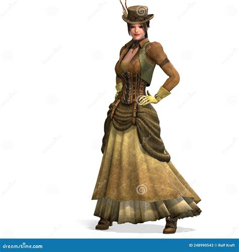 3d Illustration Of A Steampunk Girl With A Victorian Dress Stock