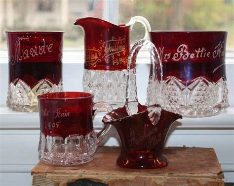 Ruby Flash Glass Souvenirs Souvenir Glass Antique Glassware Pattern Glass