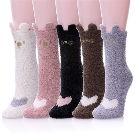 5 Pairs Women’s Girls Funny Cute Fuzzy Socks Candy Color Winter Warm Soft Cozy Fluffy House