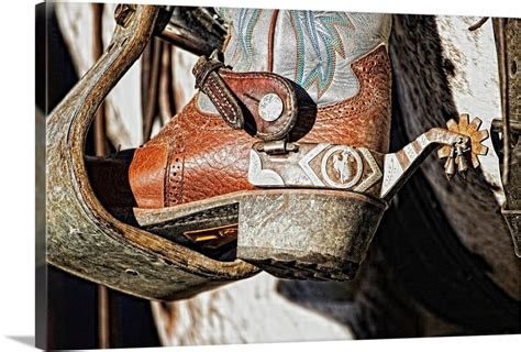 Cowboy Boot Heel And Spur In Saddle Stirrup Wall Art Canvas Prints