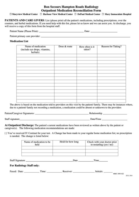 Printable Medication Reconciliation Form Template Printable Templates