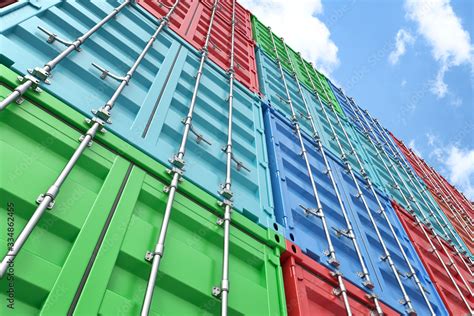 Worms Eye View Of 3d Rendered Colorful Shipping Containers Stacked On One Another Making A Wall