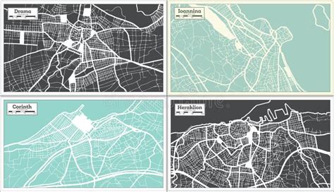 Ioannina, Corinth, Heraklion and Drama Greece City Maps Set in Retro Style Stock Illustration ...