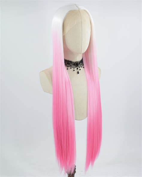 White Ombre Pink Long Straight Synthetic Lace Front Wig Ww633 Weekendwigs