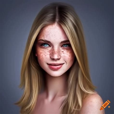 Portrait Of A Beautiful Young Woman With Freckles And Dark Blonde Hair