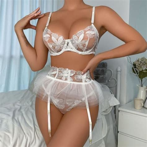 Ensemble Lingerie Haute qualité Dentelle Résille Blanc Femme Blanc Cdiscount Prêt à