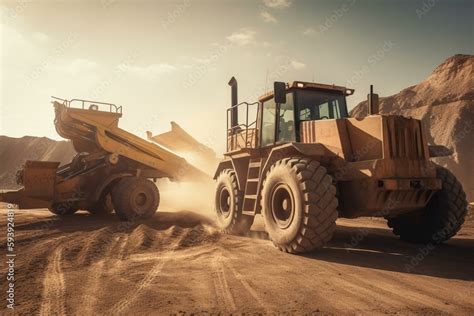 Big Heavy Wheel Loader Loading Sand Into Dump Truck In Sand Pit Heavy