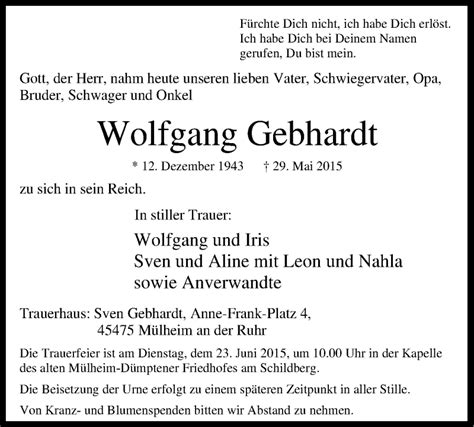 Traueranzeigen Von Wolfgang Gebhardt Trauer In NRW De