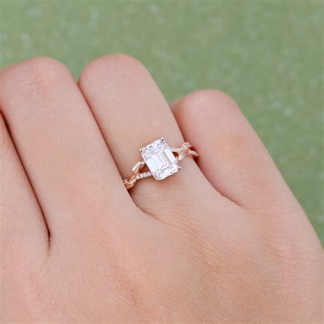 Emerald Cut Moissanite Rose Gold Leaf Engagement Ring Gardensring