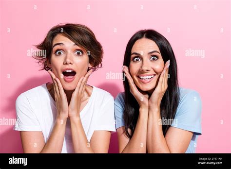 Closeup Portrait Of Crazy Screaming Two Girls Cheeks Hands Shock Wow Omg Impressed Reaction