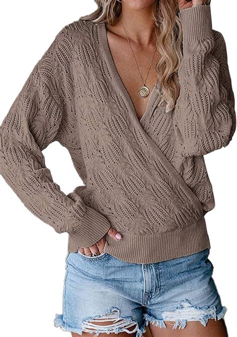 Damen Sweater Pulli Langarm Casual Sexy V Ausschnitt Pullover