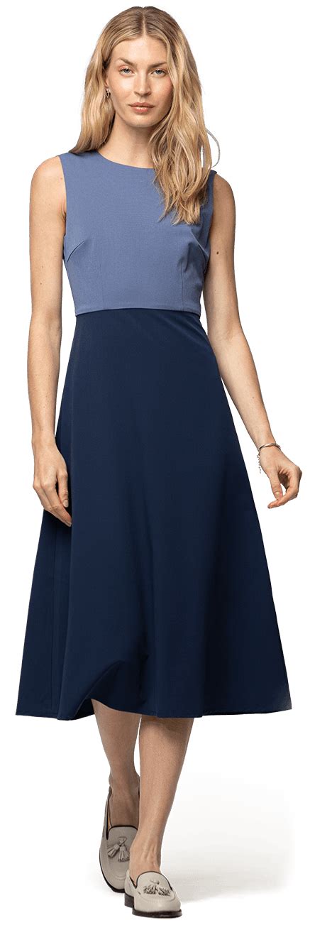 Blue Crew Neck Flared Midi Dress Sumissura