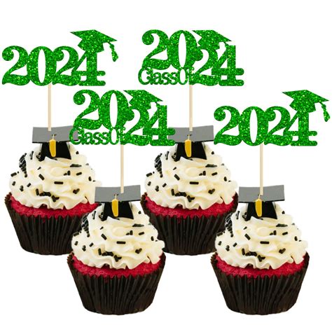 Gyufise 24Pcs Class Of 2024 Cupcake Toppers Green Glitter 2024