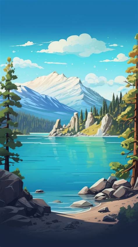 Vibrant Nature Scenery Digital Illustration Of Lake Mountains And