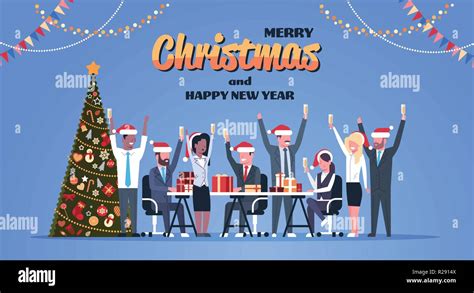 Business Team Raised Hands Champagne Glasses Decorated Fir Tree Happy