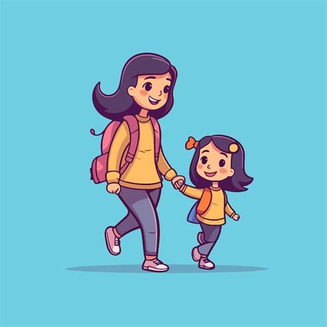 Ilustración de dibujos animados de una madre y su hija caminando