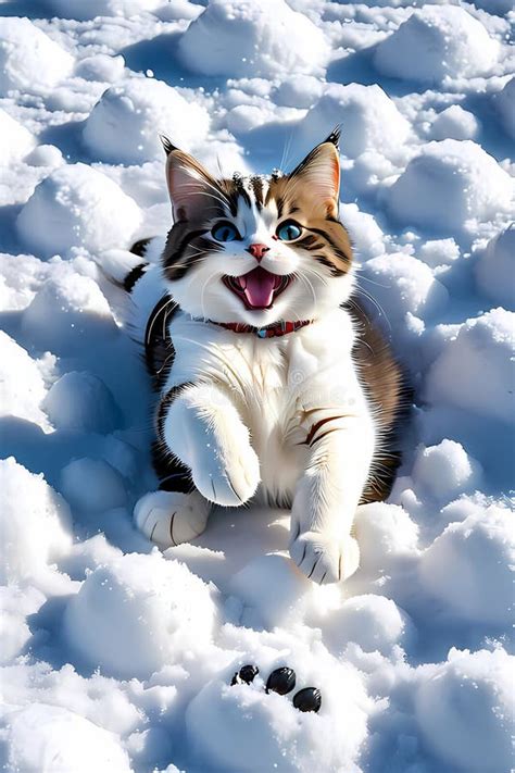 Un Lindo Gato Con Una Sonrisa Maliciosa En La Nieve Con Huellas De Pata