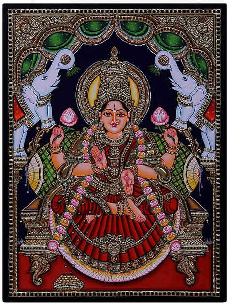 Four Hand Goddess Gajalakshmi Tanjore Painting With Frame Traditional